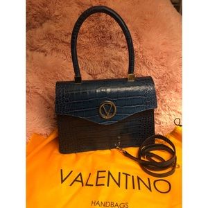 Blue Valentino Croc Embossed Top Handle Bag